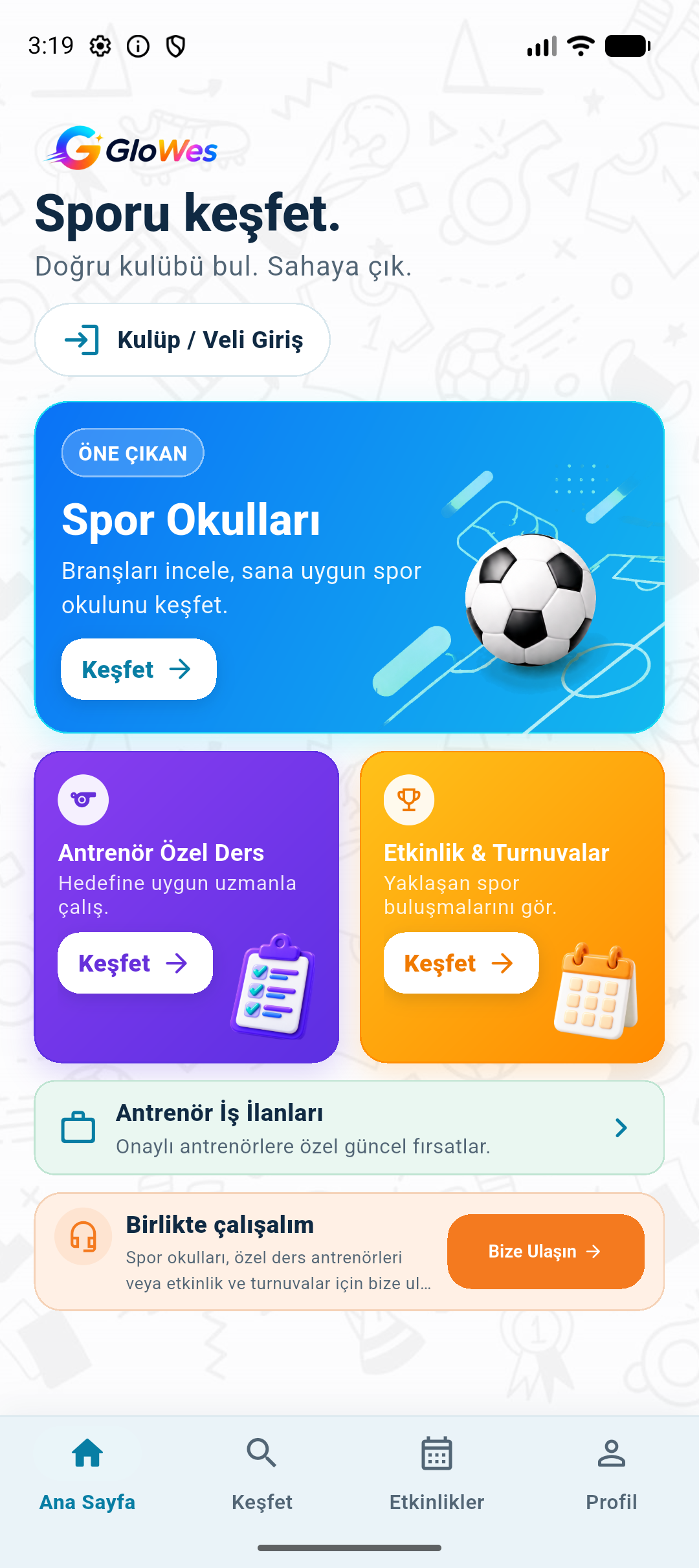 GloWes uygulaması keşif ana sayfası