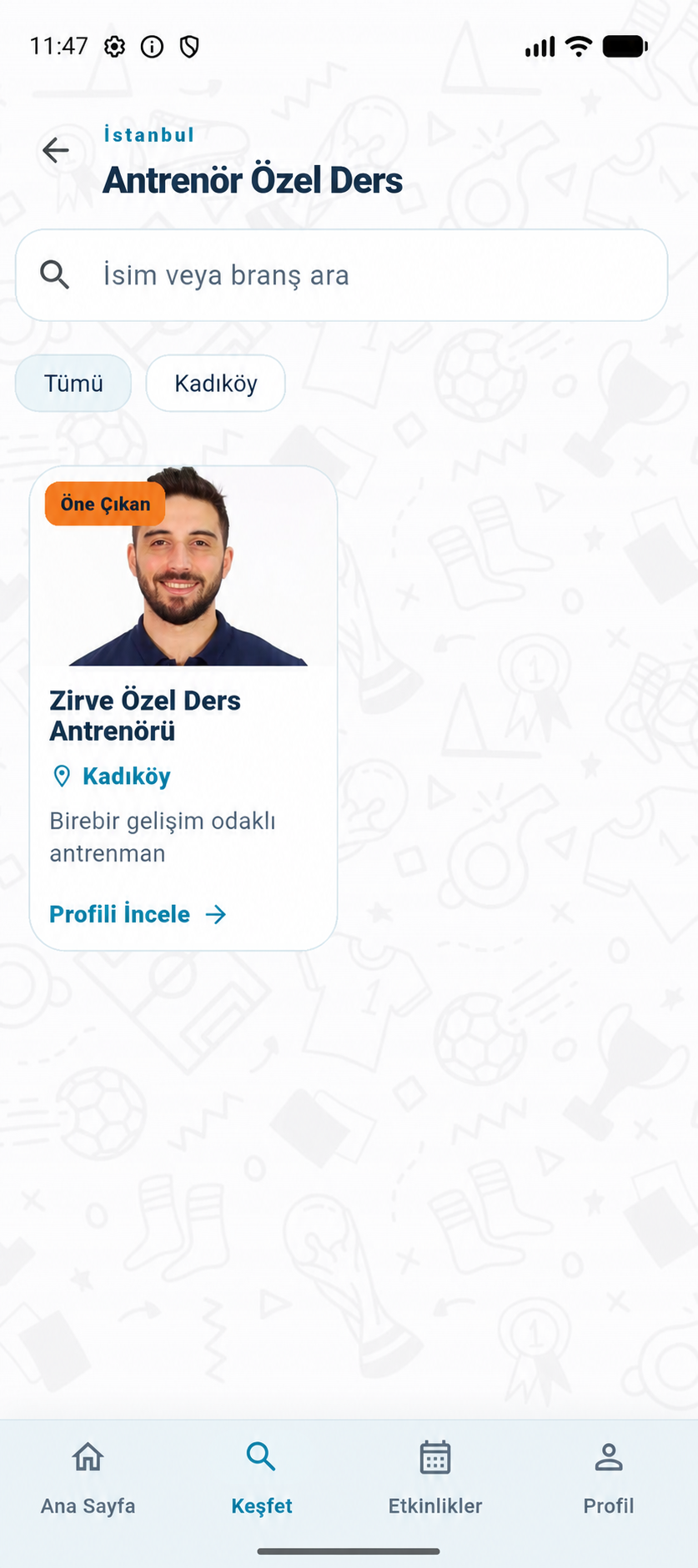 GloWes antrenör keşif ekranı